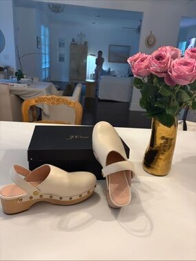 J. Crew Cream Leather Studded Clog Mules